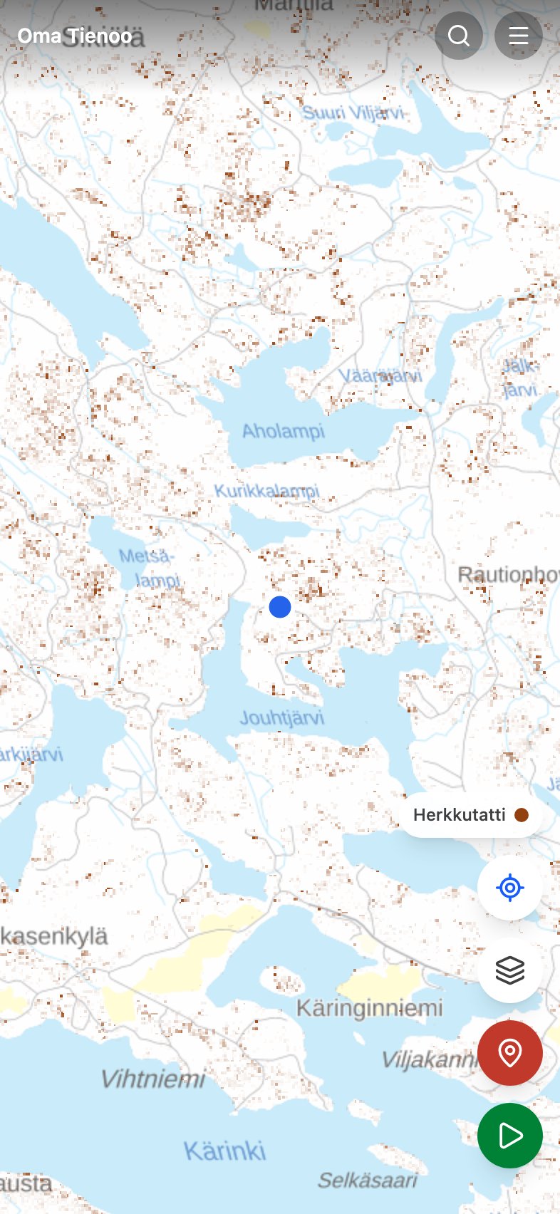 Herkkutatin ennustetaso Oma Tienoon kartalla: sopivat metsäkuviot väritettyinä