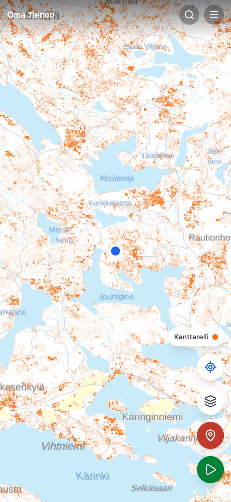 Kanttarellin ennustetaso Oma Tienoon kartalla: sopivat metsäkuviot väritettyinä