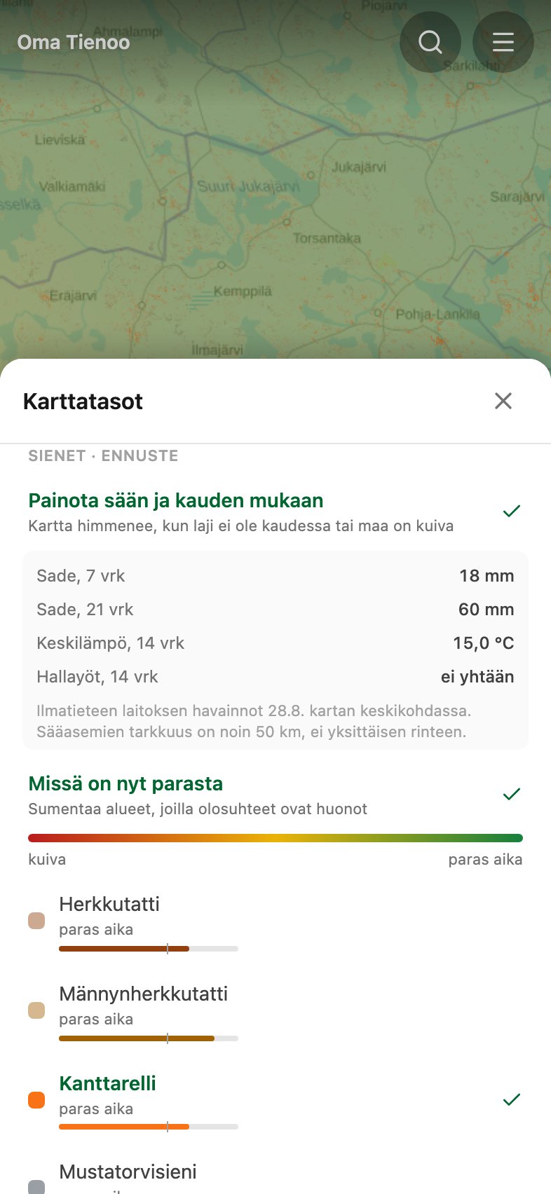 Karttatasot-valikko auki: painotusvalinta, sademäärät, keskilämpötila ja lajikohtaiset mittarit