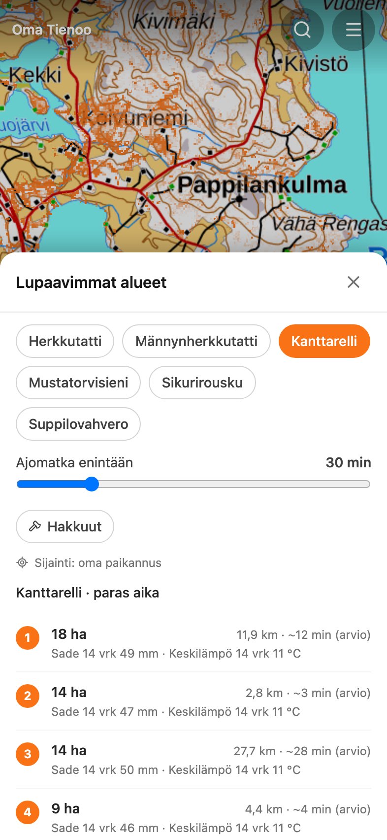 Lupaavimmat alueet -lista Oma Tienoon kartalla: kymmenen aluetta järjestyksessä, kunkin kohdalla hehtaarit, etäisyys, sää ja hakkuuilmoitus