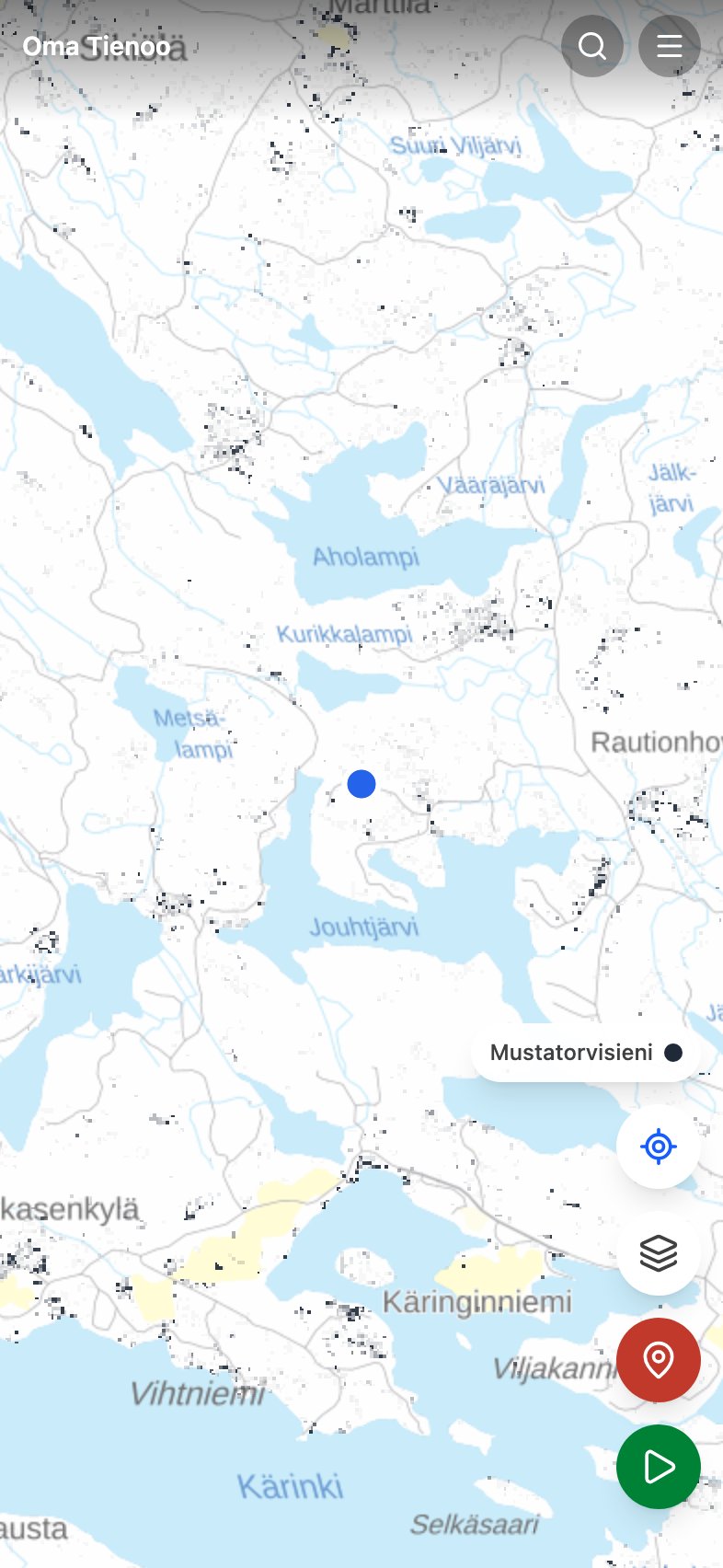 Mustatorvisienen ennustetaso Oma Tienoon kartalla: sopivat metsäkuviot väritettyinä