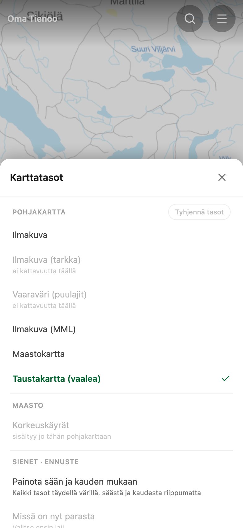 Karttatasot-valikko auki: pohjakartan kuusi vaihtoehtoa listana