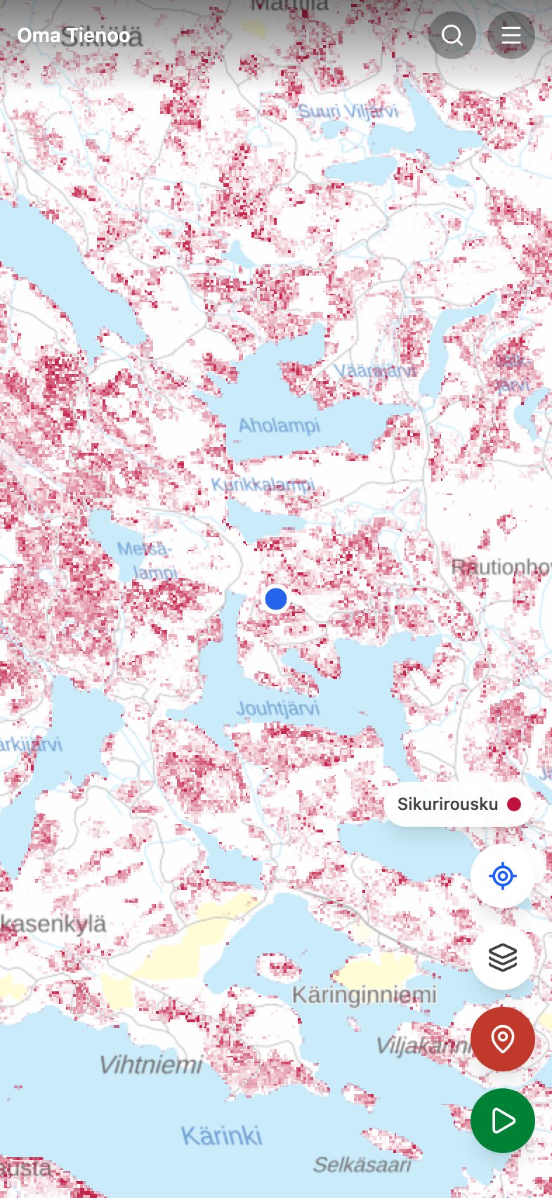 Sikurirouskun ennustetaso Oma Tienoon kartalla: sopivat metsäkuviot väritettyinä