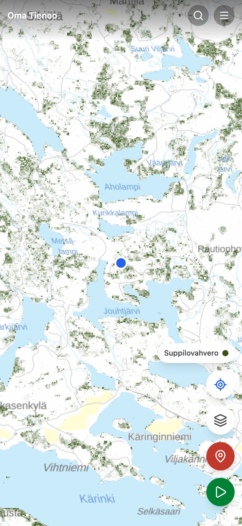 Suppilovahveron ennustetaso Oma Tienoon kartalla: sopivat metsäkuviot väritettyinä
