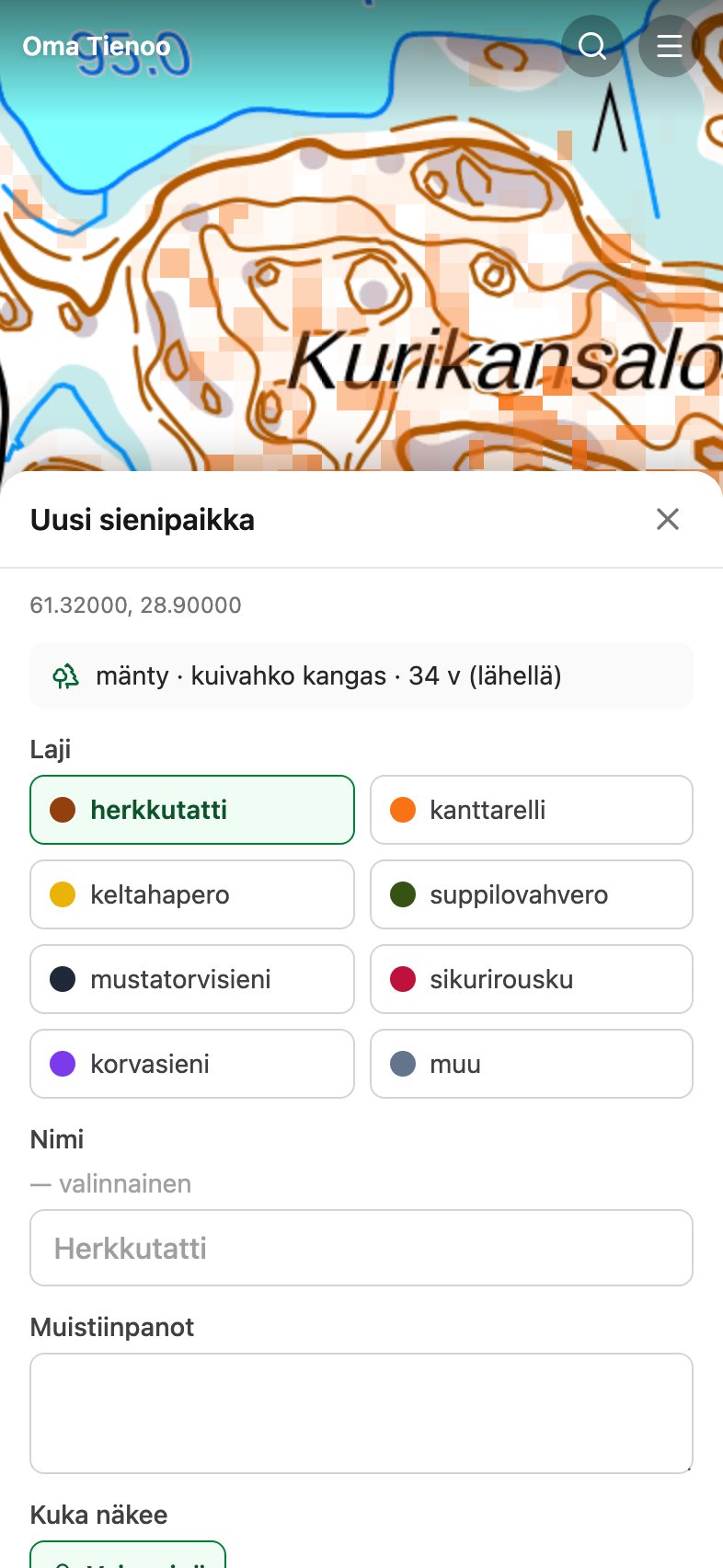 Uuden sienipaikan lomake: lajivalinta värillisinä painikkeina, metsätyyppi ja muistiinpano