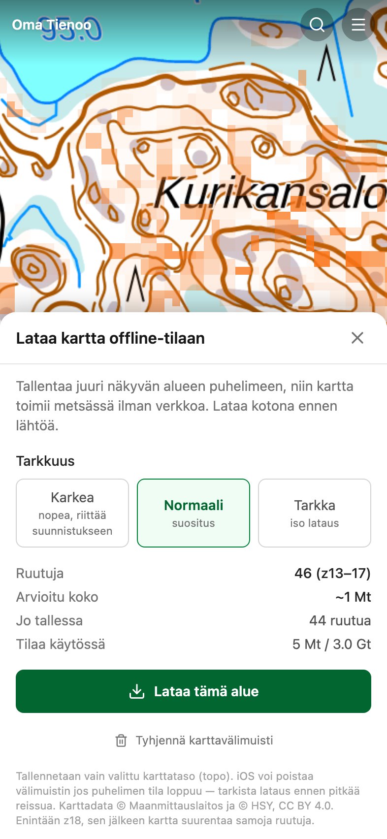 Offline-latauksen näkymä: tarkkuusvalinta, ruutujen määrä ja arvioitu koko näkyvälle alueelle